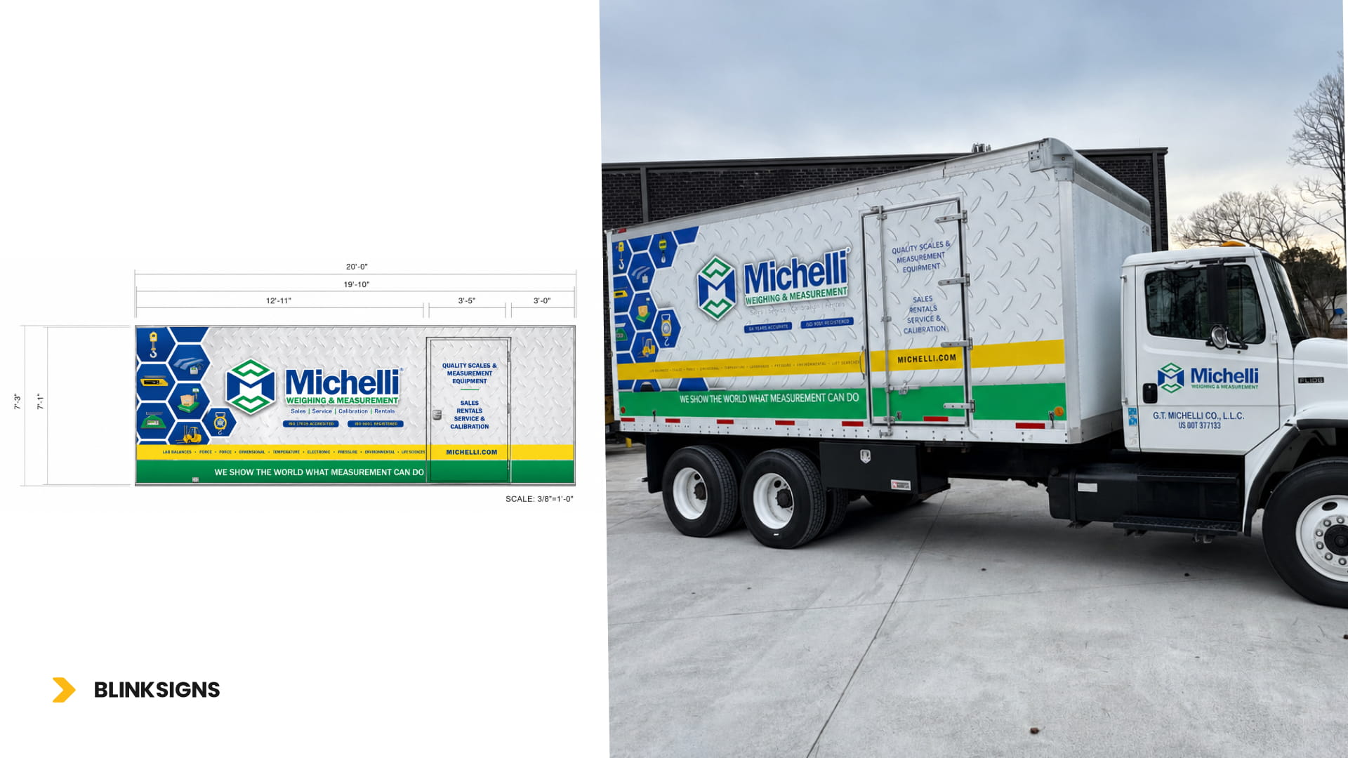 Driver side vehicle wrap design schematic paired with wrapped Michelli box truck.