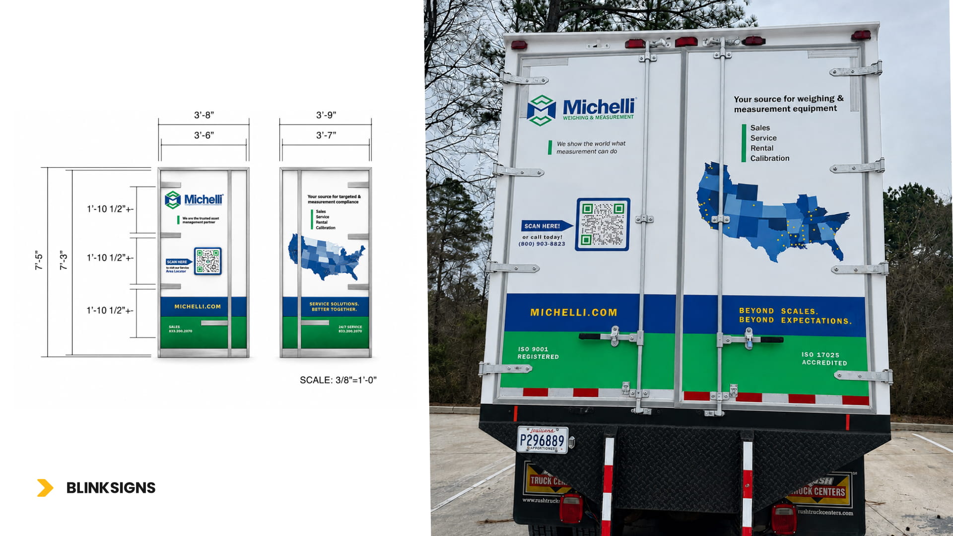 Rear door graphic wrap proof featuring QR code alongside installed truck rear doors.