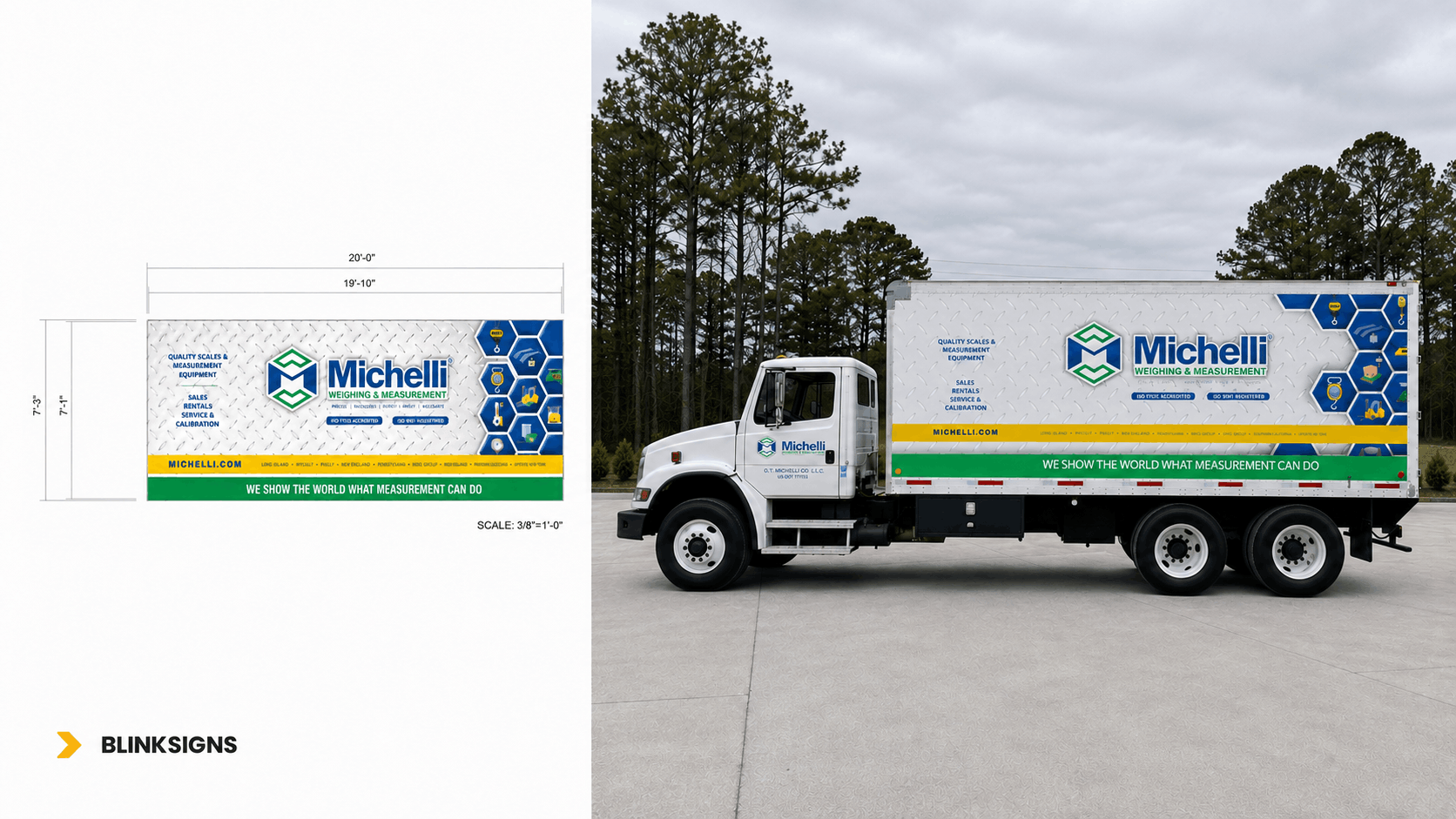 Design proof alongside side profile of branded Michelli service truck.