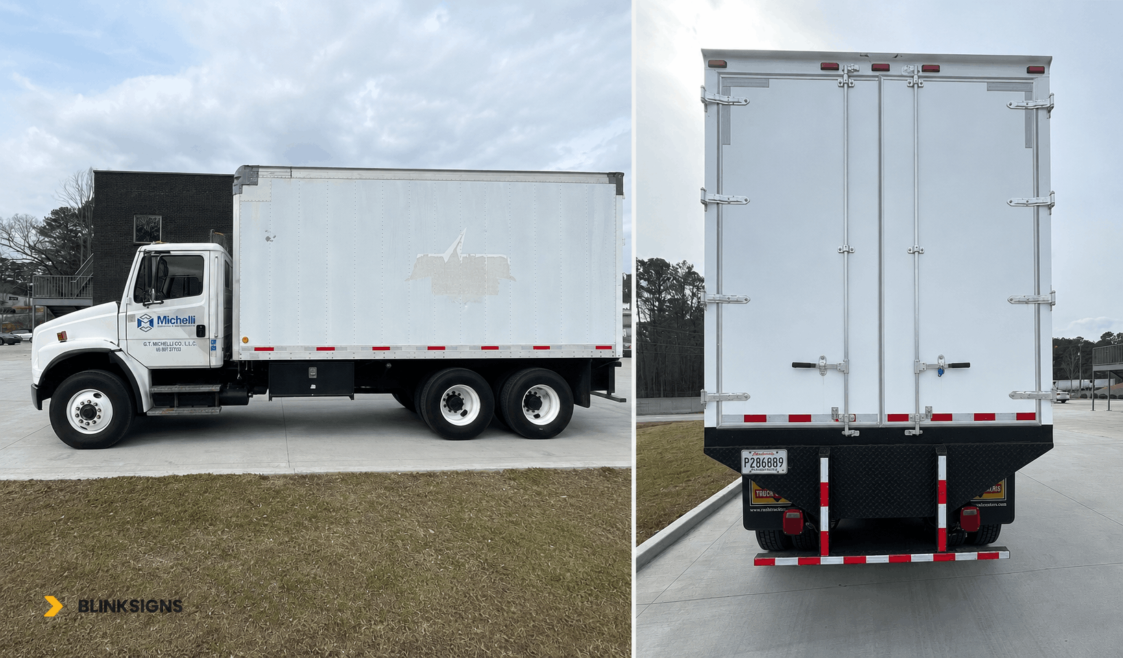 Unwrapped white commercial box truck viewed from side and rear angles.
