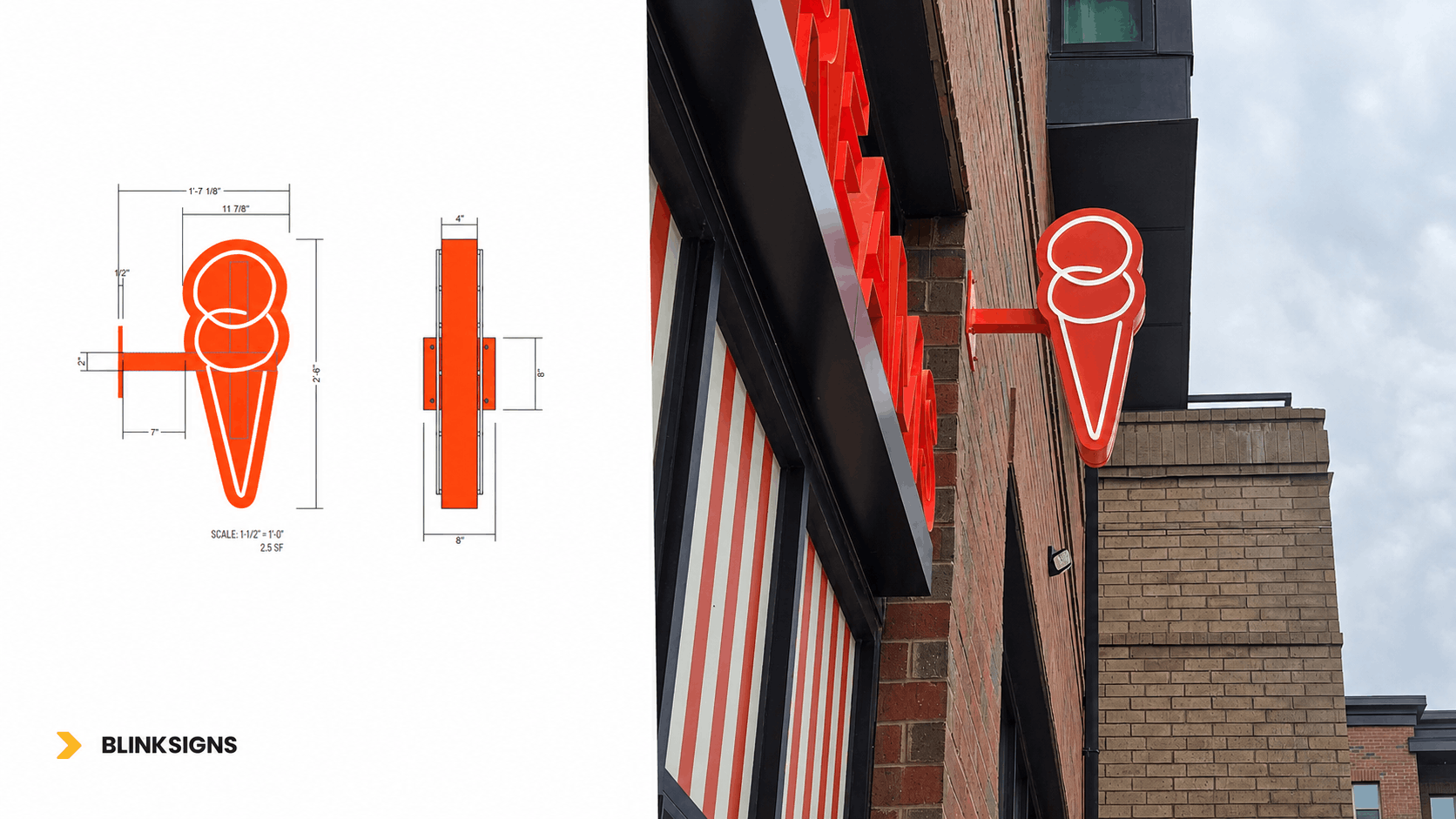 Double sided illuminated ice cream cone blade sign technical drawing and mounting schematic for Jeni's ice cream Columbia by BlinkSigns