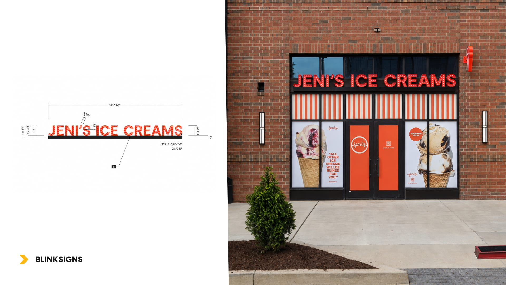 Front lit channel letter wall sign architectural blueprint and elevation for Jeni's Ice Creams store.