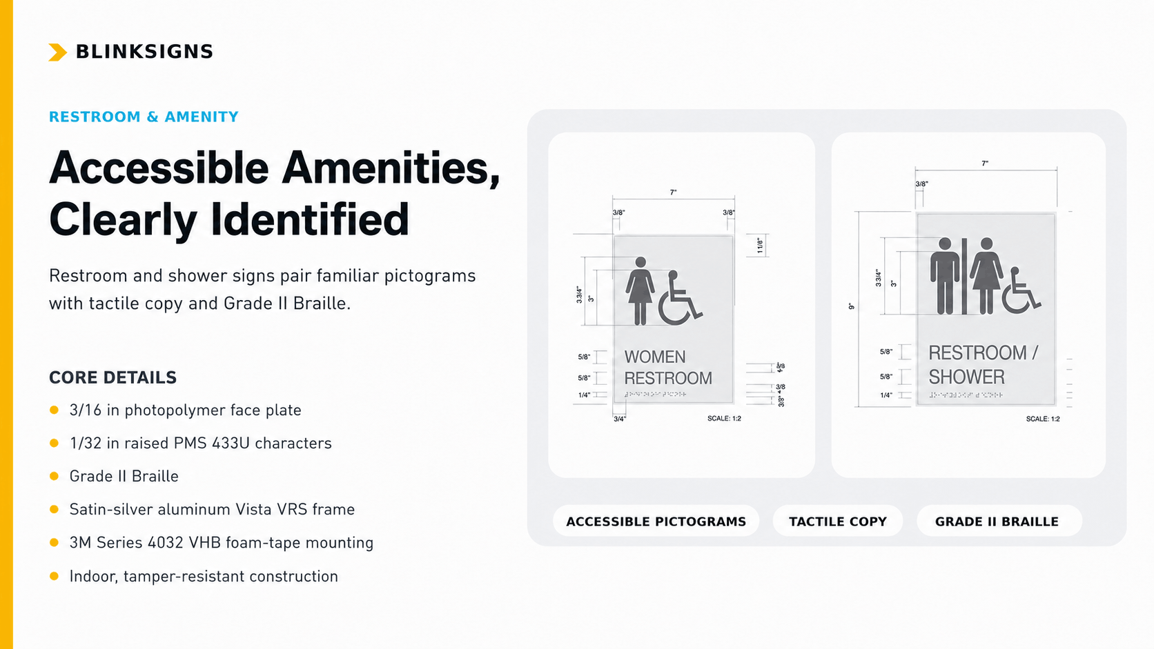 ADA accessible restroom and shower signs with raised pictograms and Grade II Braille for Amazon data center OH