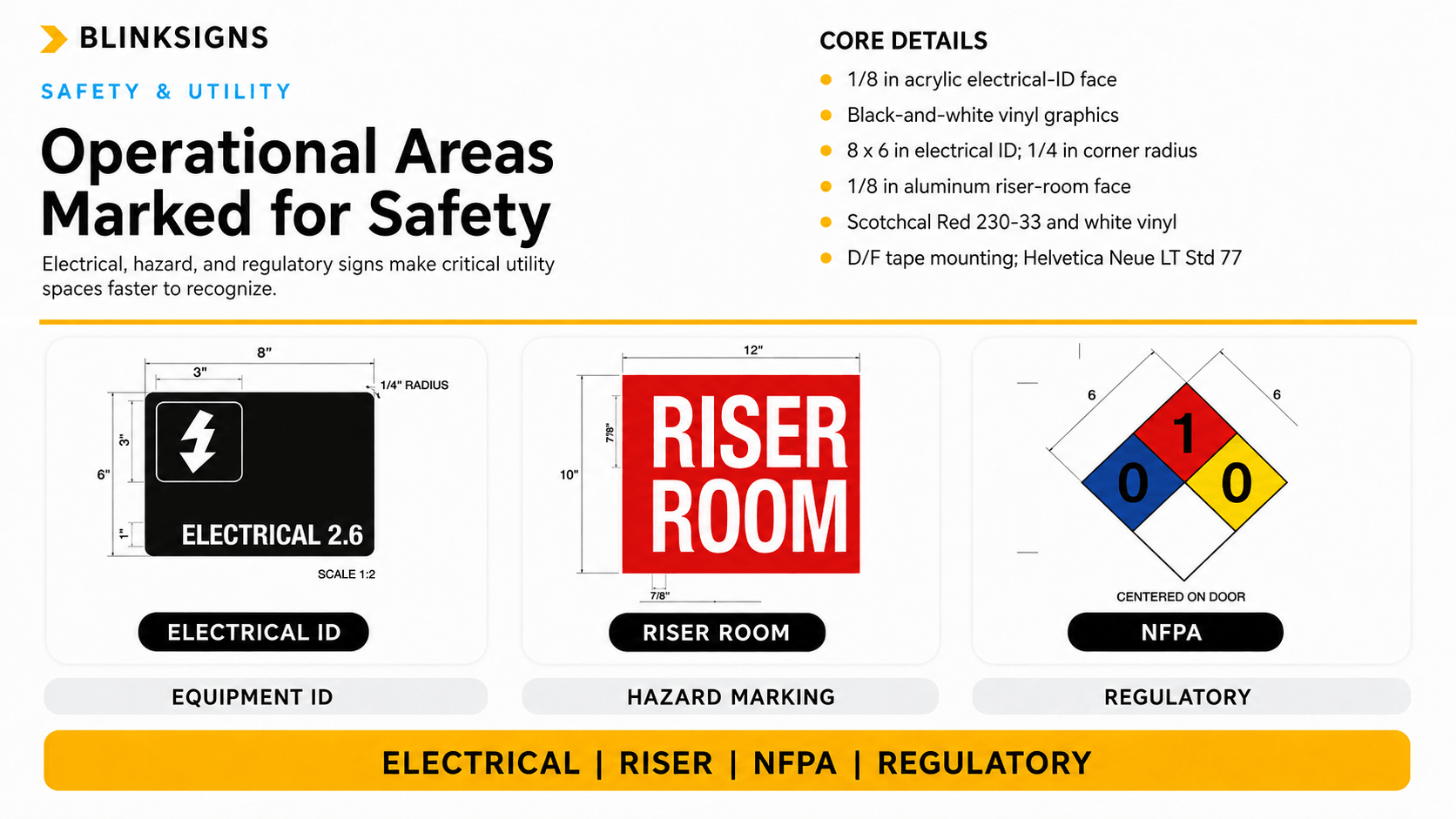 Industrial electrical, riser room hazard, and NFPA regulatory safety sign specifications.