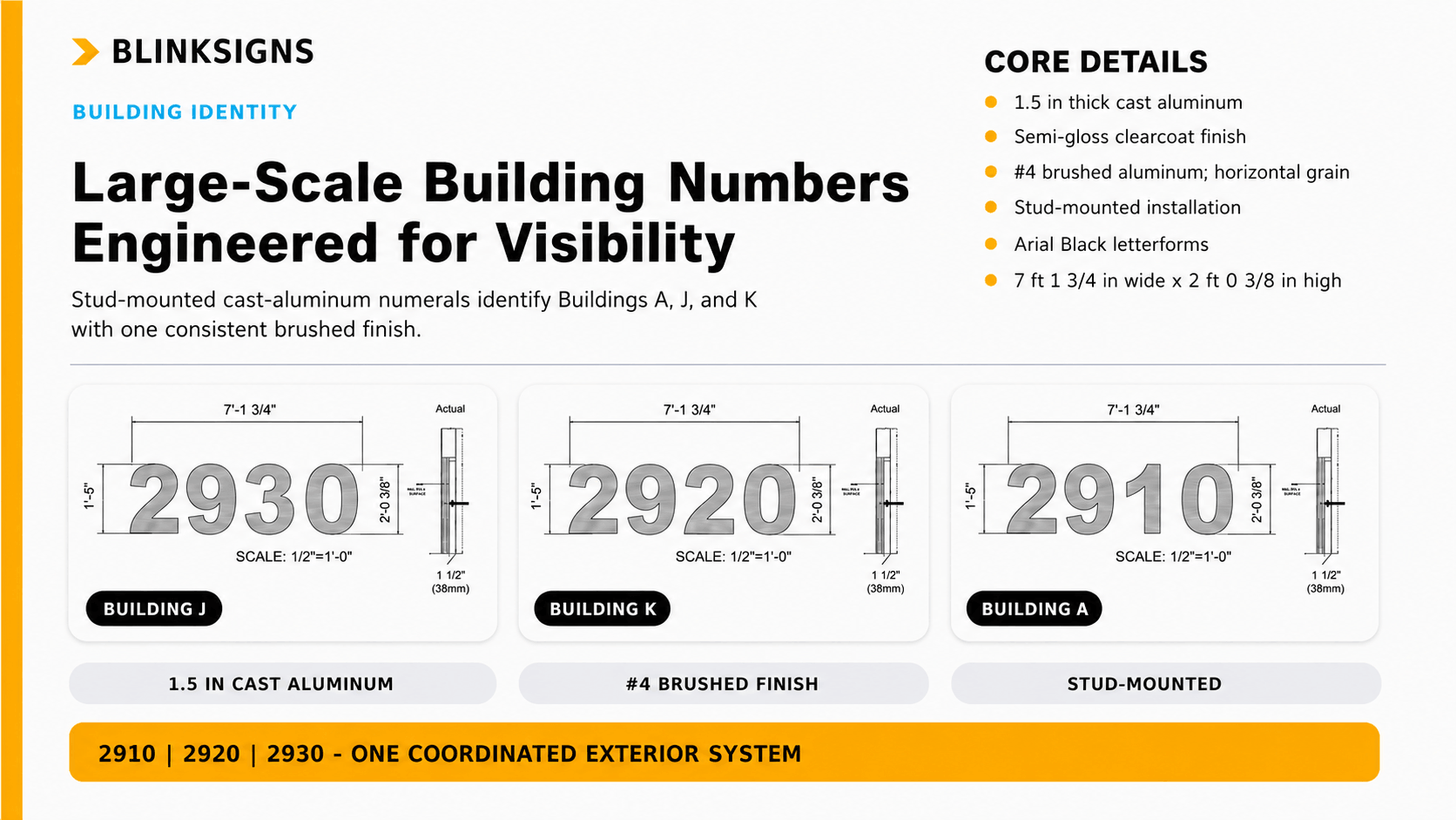 Cast aluminum exterior dimensional address numbers for commercial facility building identity.