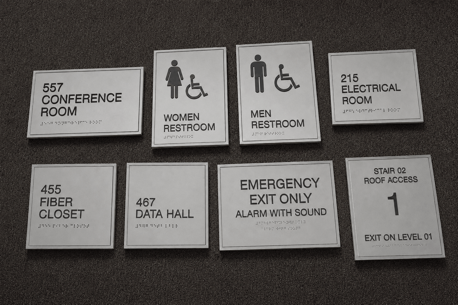 Fabricated silver ADA Braille interior directional and room signs for Amazon data center facility.