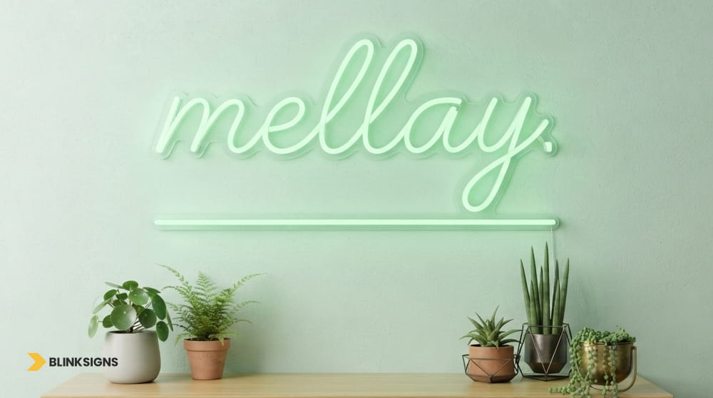 Custom green cursive LED neon wall sign mounted above indoor plants in a modern office.