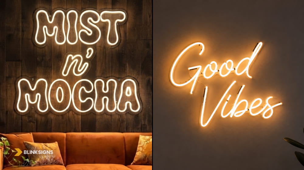 Custom Mist n Mocha and Good Vibes illuminated LED neon signs for coffee shop interior decor.