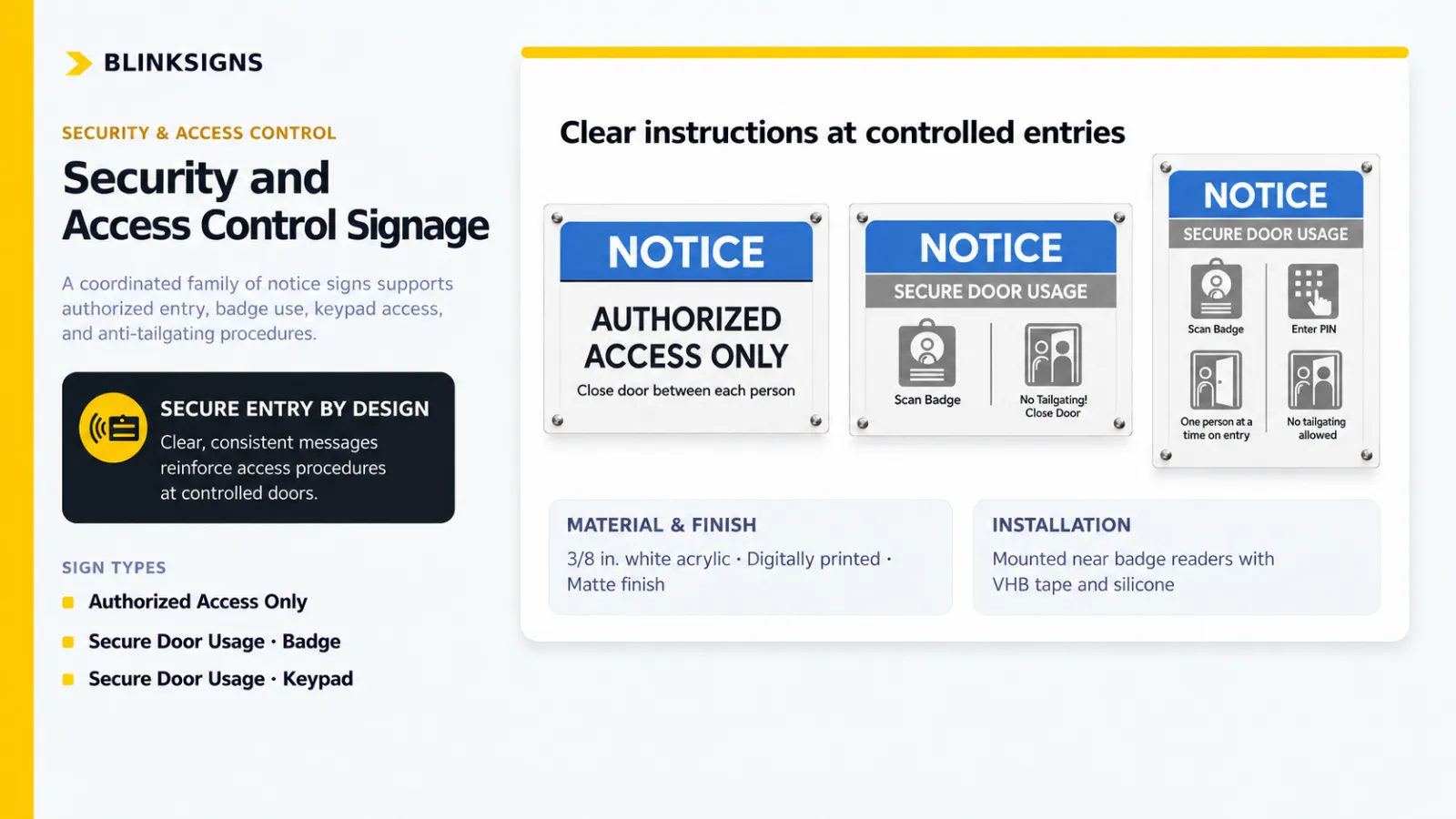 Facility security access notice signage blueprints for badge readers and keypad entries.