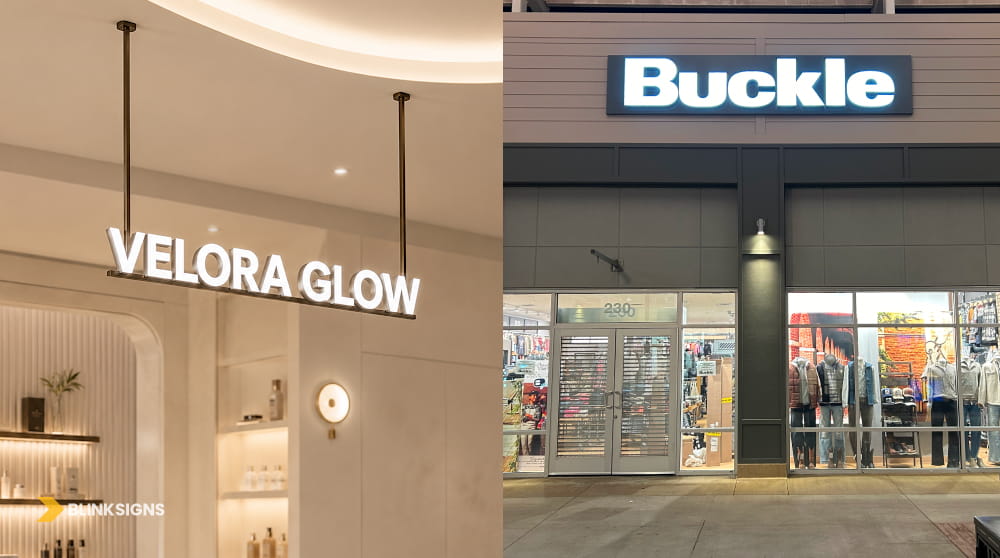Hanging indoor LED retail sign compared to exterior illuminated channel letters on a storefront facade.