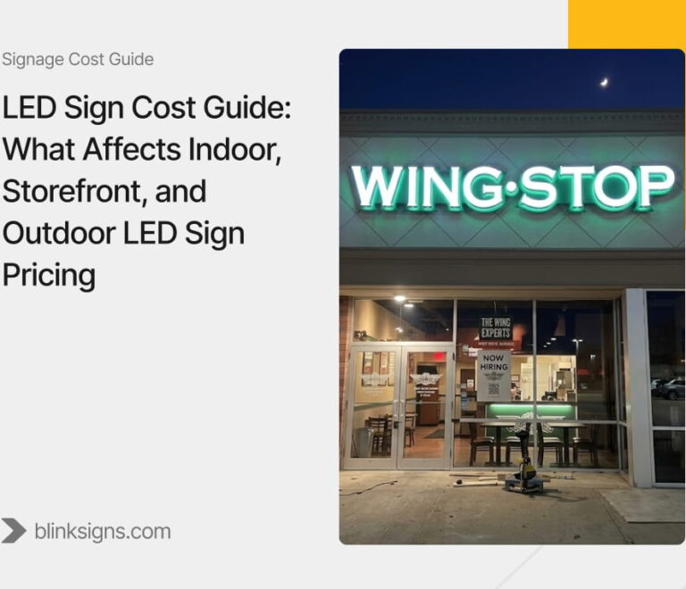 LED Sign Cost Guide graphic showing illuminated Wingstop channel letters installed above a glass entryway.