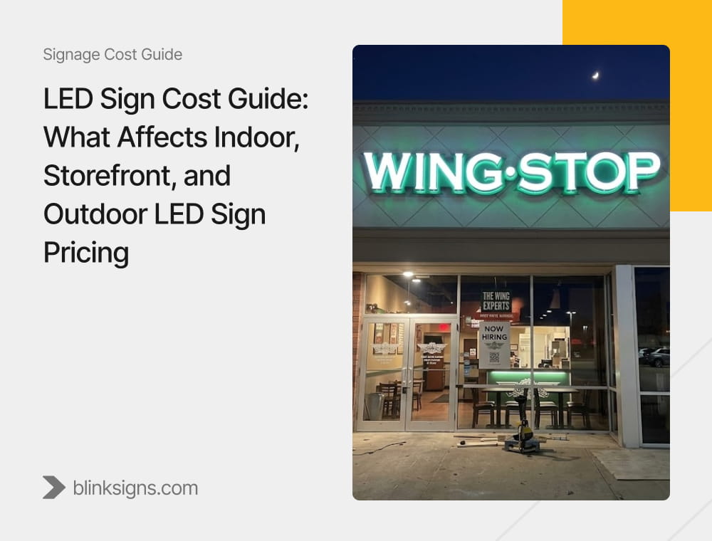 LED Sign Cost Guide graphic showing illuminated Wingstop channel letters installed above a glass entryway.