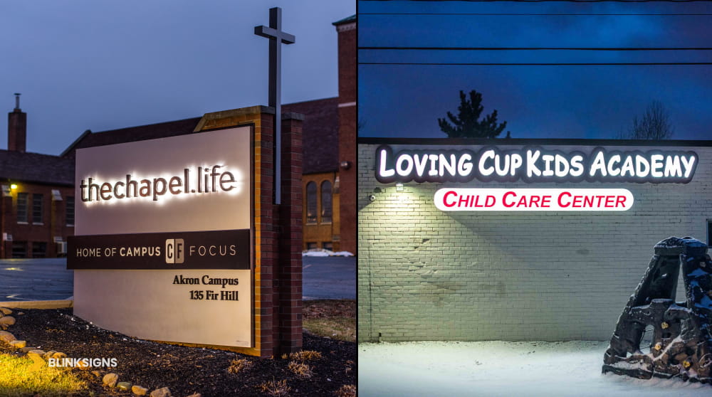 Illuminated monument sign for a church campus alongside an illuminated school childcare center sign.