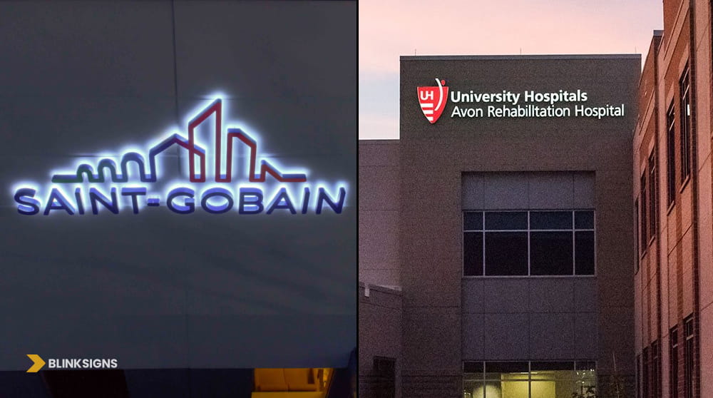 Modern halo-lit corporate office logo sign next to large exterior hospital building identity channel letters.