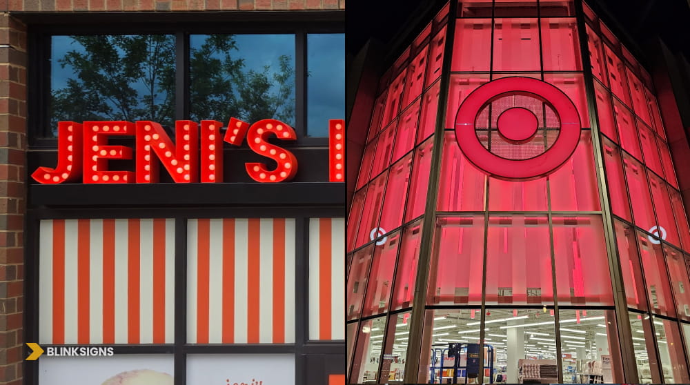 Front-lit marquee channel letters on an ice cream shop beside a glowing architectural Target retail entrance.