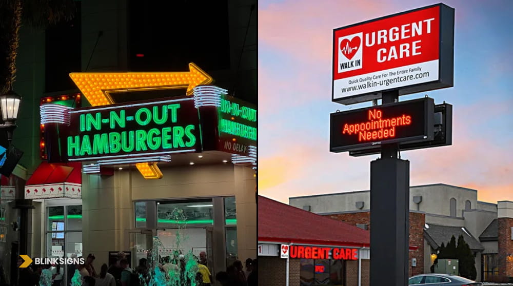 Custom retro In-N-Out drive-thru neon sign next to a roadside medical urgent care programmable message board.