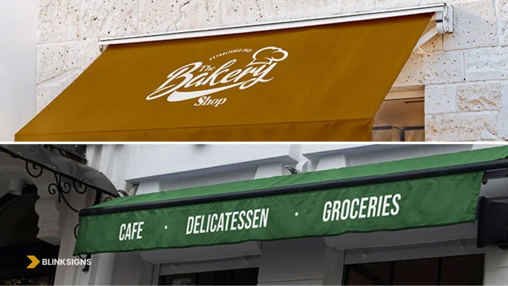 Examples of sloped awning face graphics on a bakery contrasted with green printed valance awning lettering.