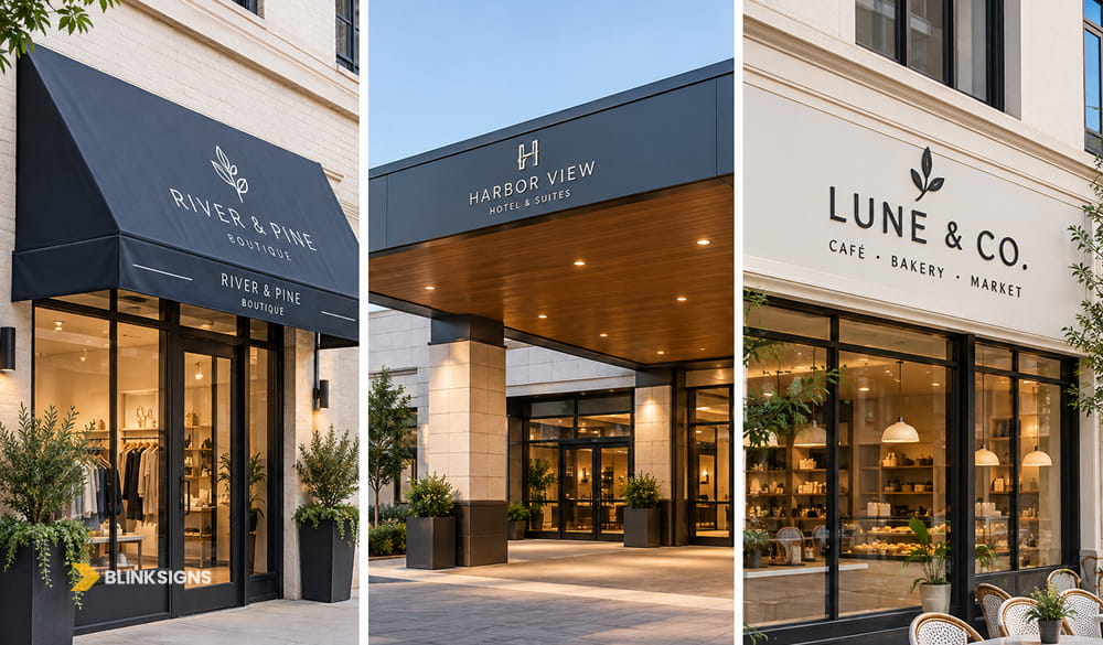 Side-by-side comparison of a fabric boutique awning, modern hotel architectural canopy, and flat retail fascia sign.