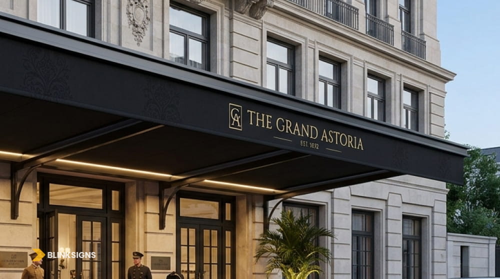Luxury black entrance canopy awning sign with gold lettering for The Grand Astoria hotel.