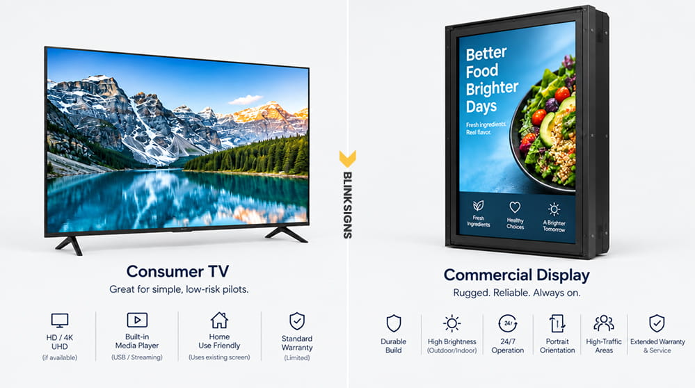 Side by side comparison of residential consumer TV features versus rugged 24 7 commercial display screens.