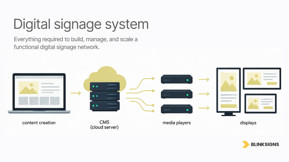 Diagram showing digital signage system workflow from content creation and cloud CMS to players and screens