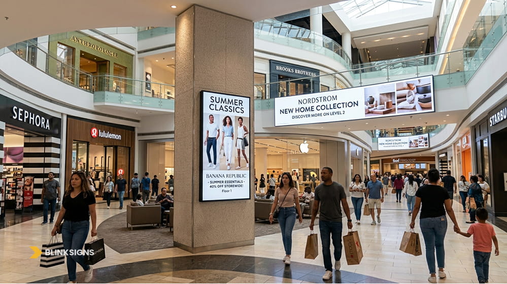 Large vertical digital advertising totem and hanging LED banner display in a busy multi-level retail mall.