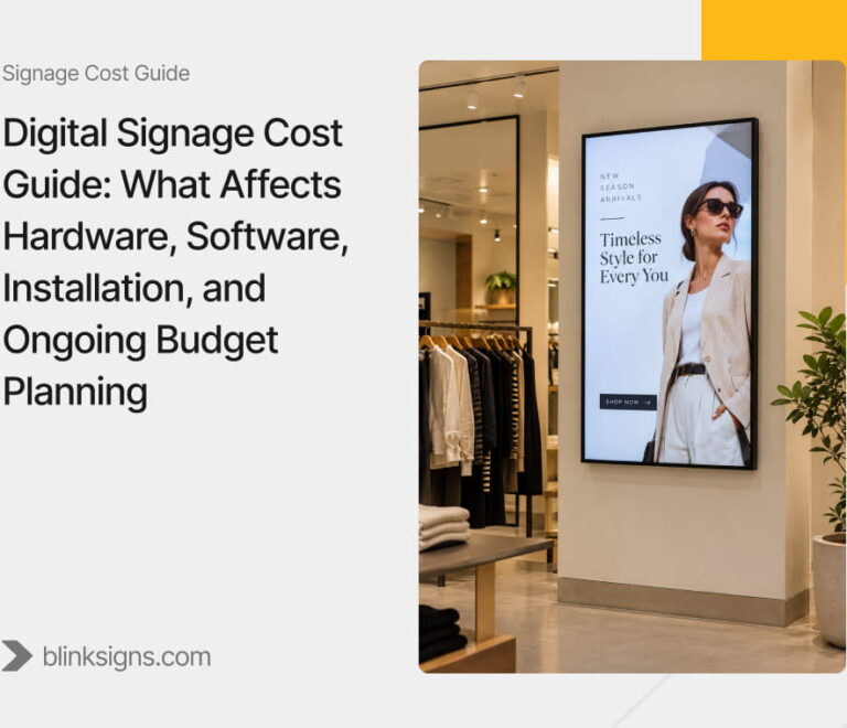 Digital Signage Cost Guide cover graphic showing sleek portrait digital retail display inside clothing store.