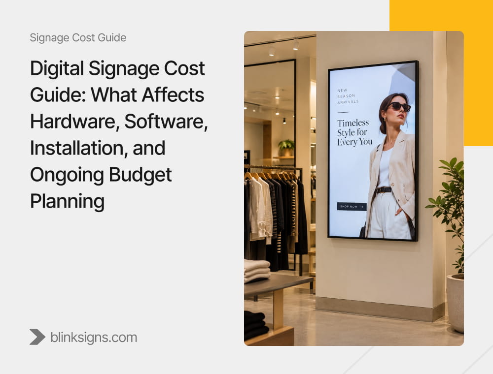 Digital Signage Cost Guide cover graphic showing sleek portrait digital retail display inside clothing store.