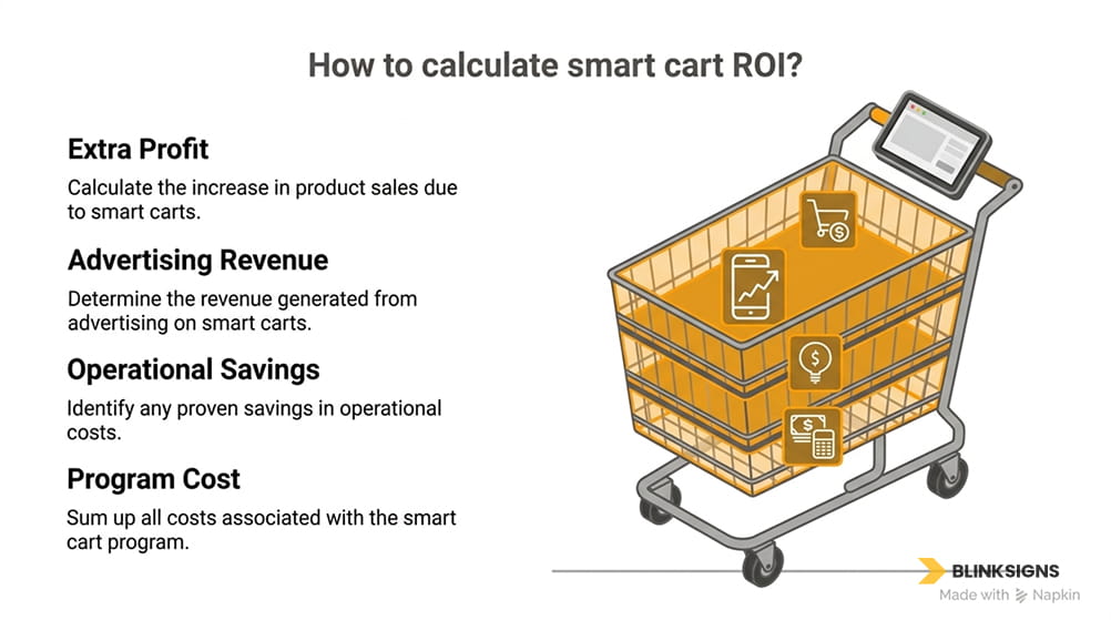 The Smart Cart Retail Media Opportunity: Programmatic DOOH, In-Store Advertising, and Monetization ROI 3 Diagram showing key metrics to calculate smart cart ROI including ad revenue, profit, and operational savings.
