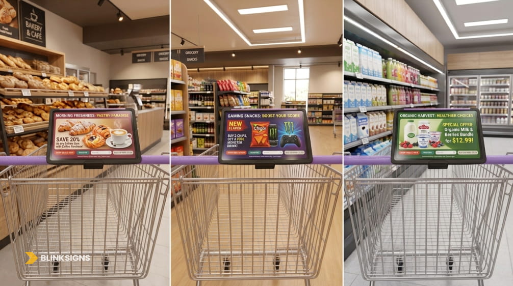 The Smart Cart Retail Media Opportunity: Programmatic DOOH, In-Store Advertising, and Monetization ROI 2 Three-panel comparison showing smart shopping cart screens displaying contextual promotional ads in grocery aisles.