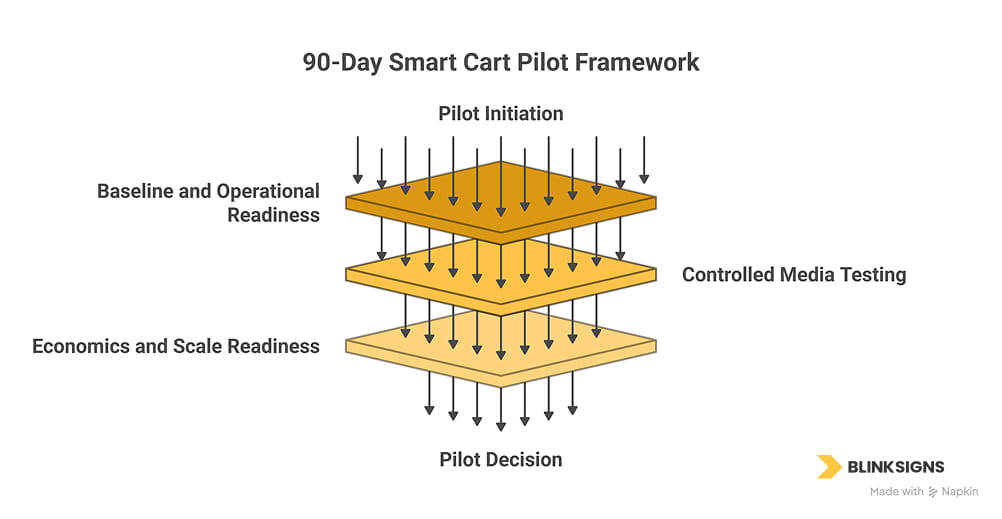The Smart Cart Retail Media Opportunity: Programmatic DOOH, In-Store Advertising, and Monetization ROI 5 Flowchart of a 90-day smart cart pilot framework from operational readiness to media testing and scale decision.