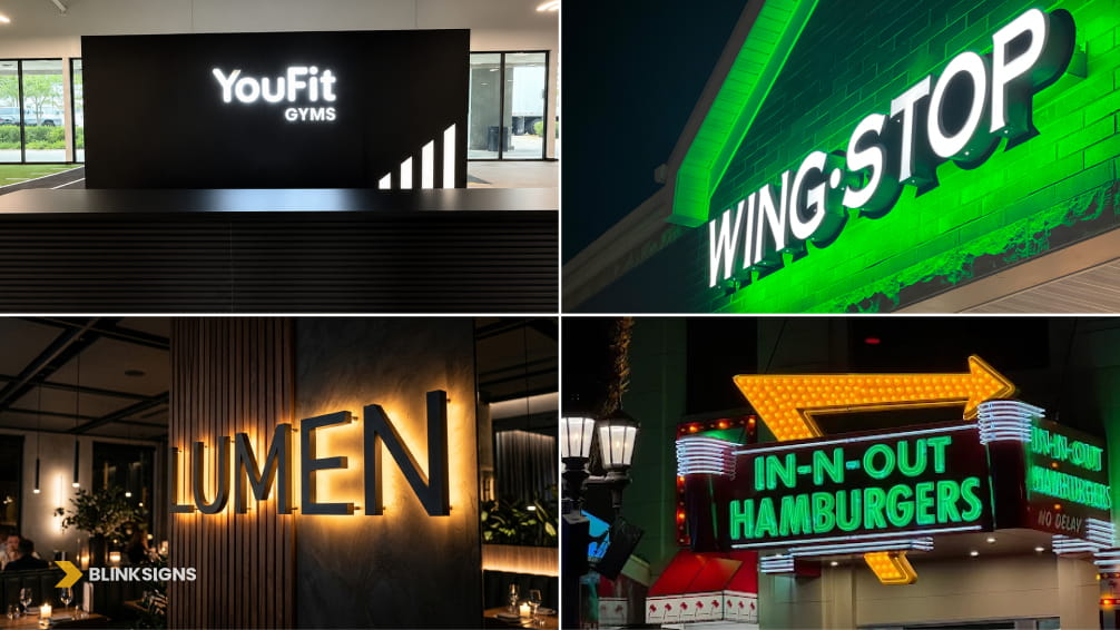 Collage of commercial illuminated signage including front lit, halo lit, retro neon, and vibrant channel letters.