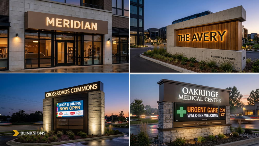 Comparison of storefront channel letters, residential community monument sign, and digital electronic message centers.