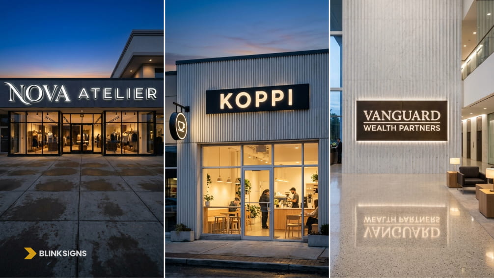 Showcase of lighted business signs including boutique channel letters, cafe lightbox, and corporate lobby plaque.