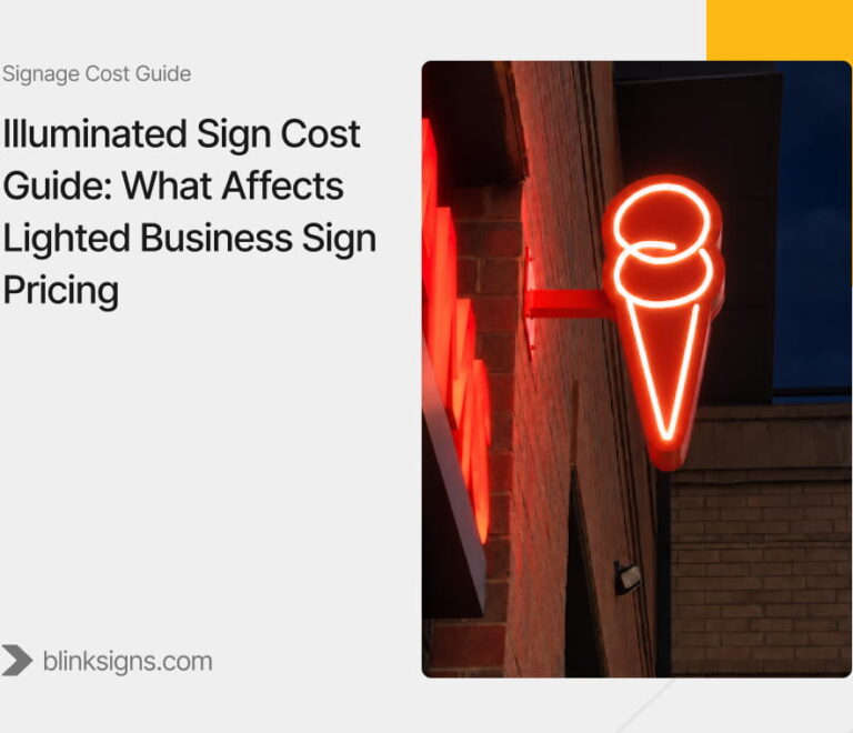 Illuminated Sign Cost Guide graphic showing glowing red neon ice cream cone blade sign on commercial building wall.