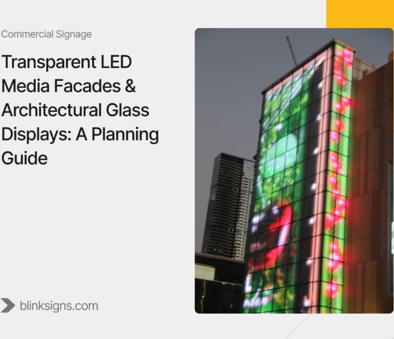 High rise building exterior glass wall featuring large scale colorful illuminated transparent LED media facade.