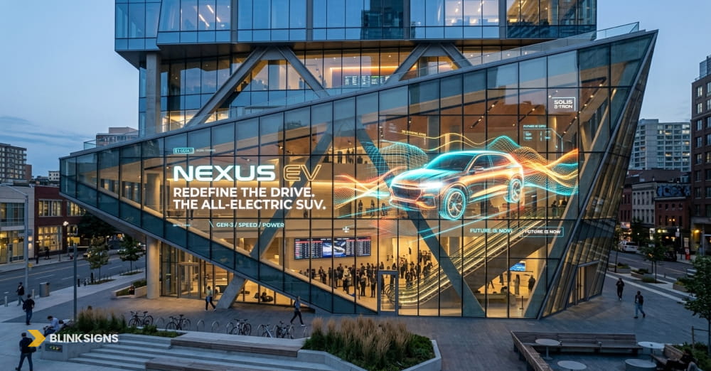 High-definition 3D electric vehicle hologram advertisement displayed on a modern building glass curtain wall.