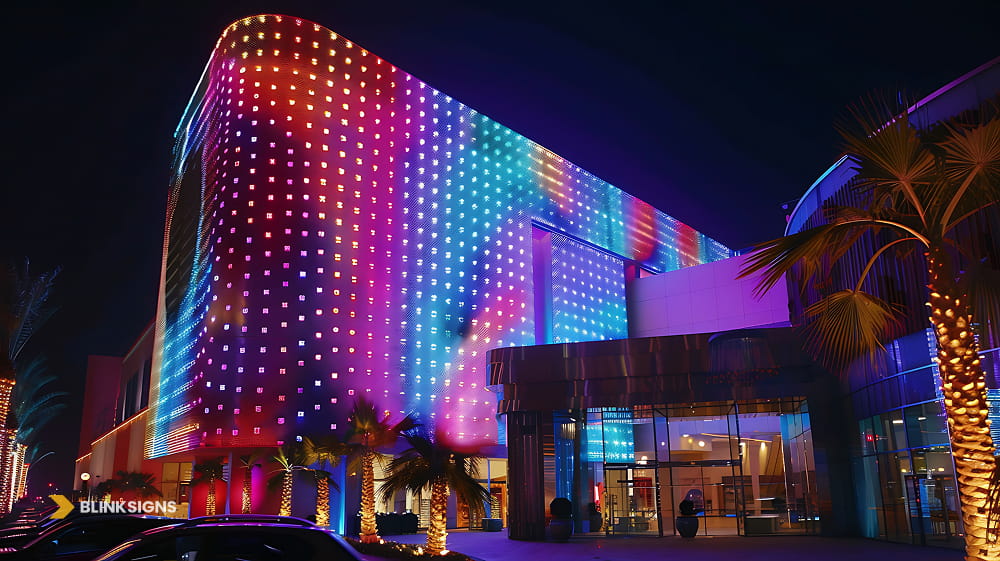 Vibrant multi-color LED media facade lighting up the curved architectural glass exterior of a commercial building.