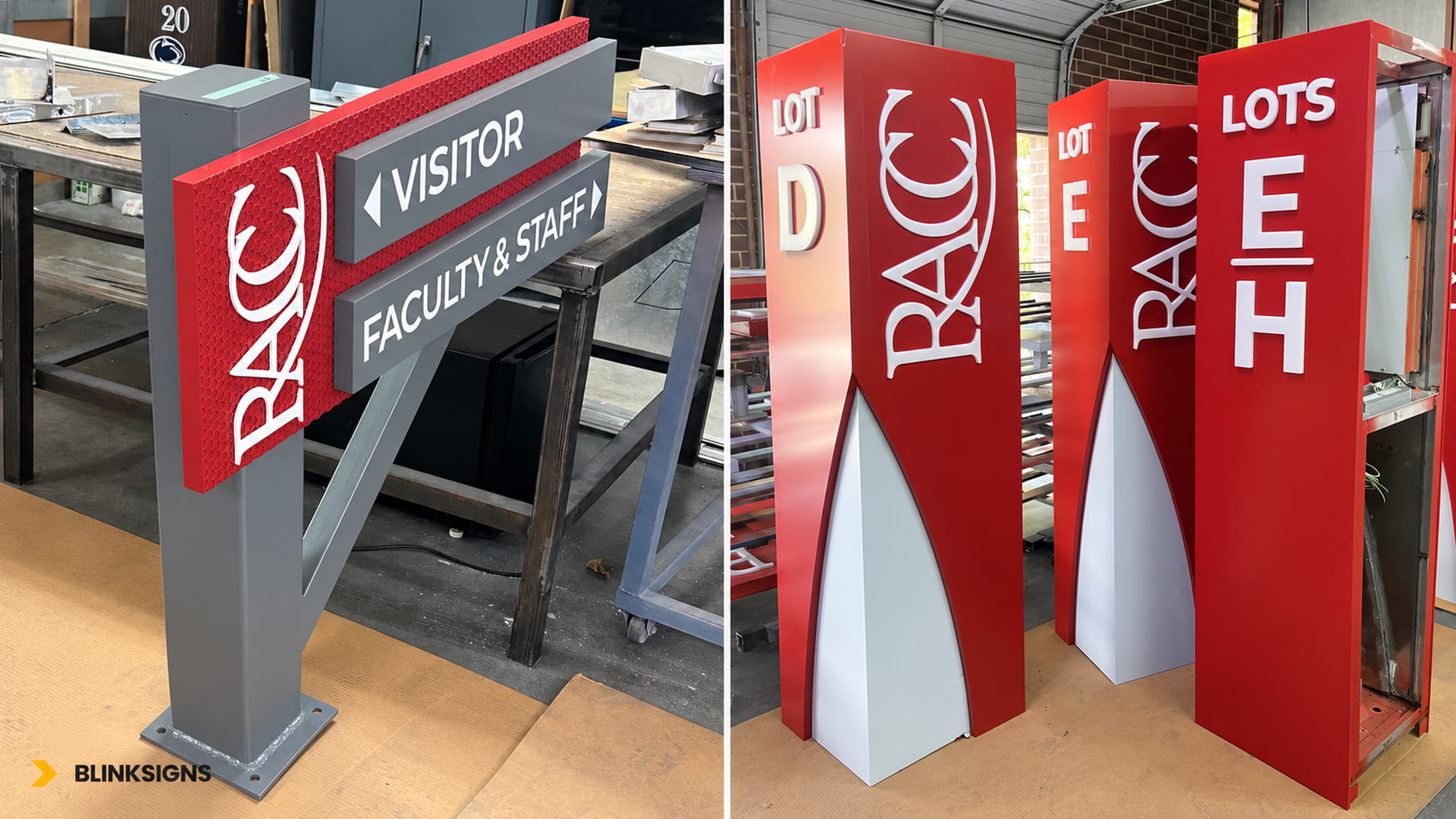 Custom red and gray parking lot directional post sign and fabricated RACC pylon sign cabinets in sign workshop.