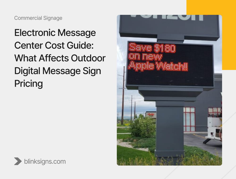 Electronic Message Center Cost Guide graphic showing roadside pylon sign with digital LED message display board.