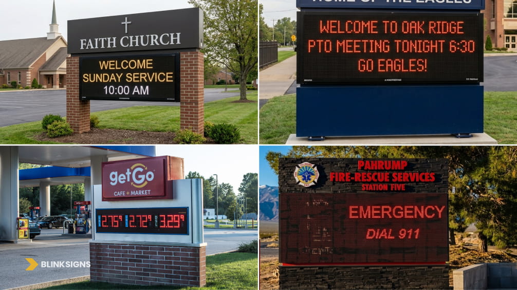 Four panel showcase of EMC digital signs for churches, schools, gas station pricing, and fire emergency stations