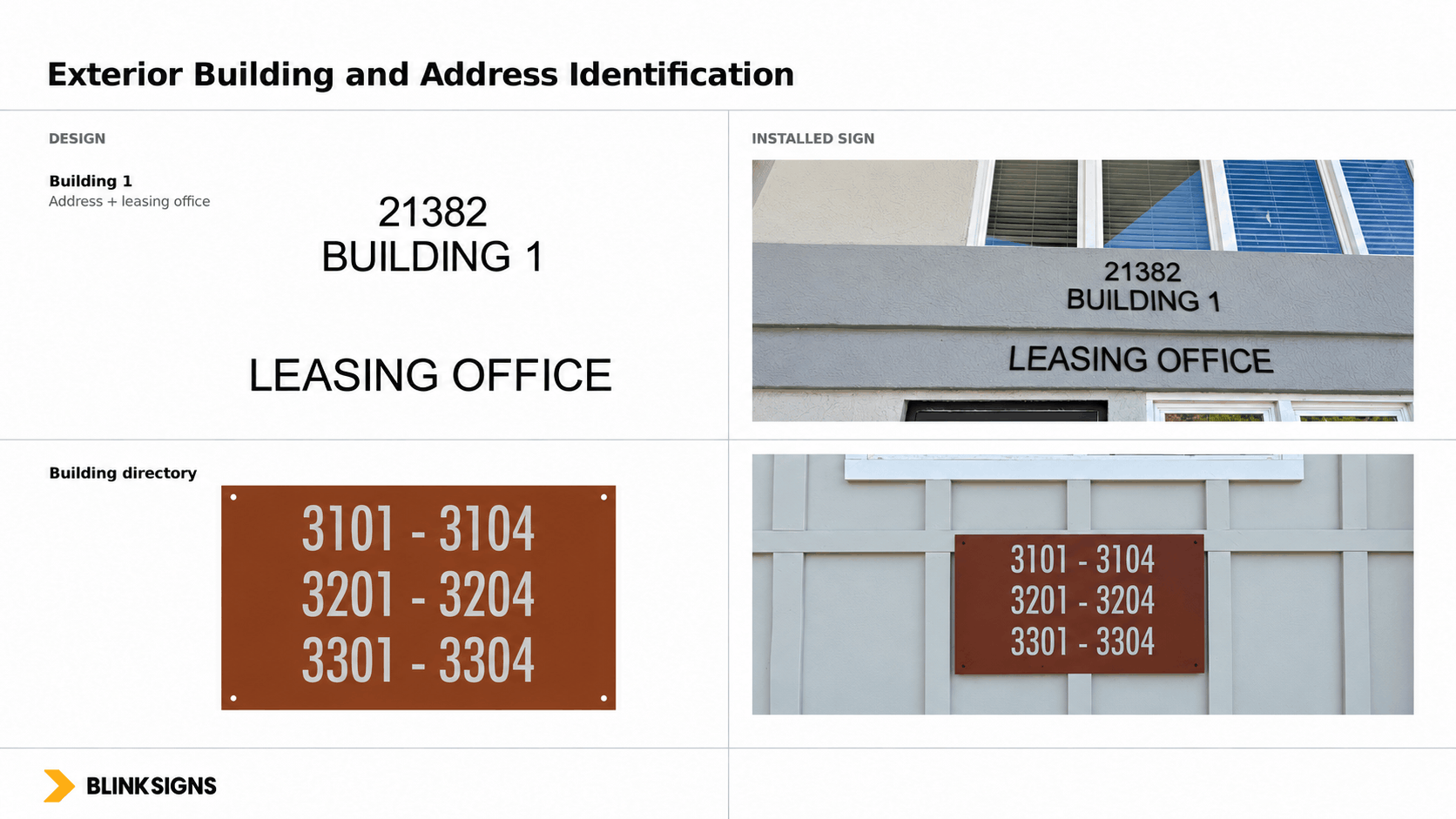 Dimensional exterior building 1 leasing office lettering and brown wall mounted apartment building directory sign.