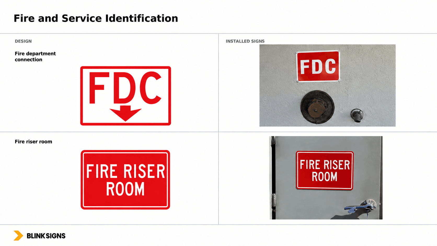 Red and white reflective fire department connection FDC wall sign and fire riser room safety door sign.
