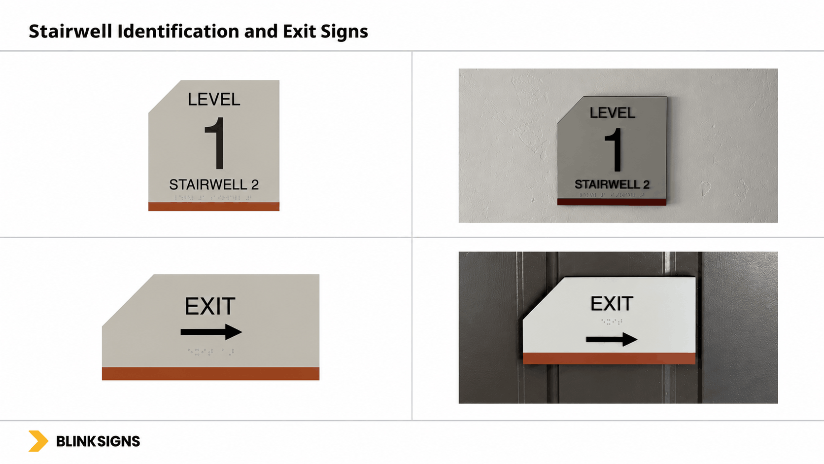Tactile ADA Level 1 Stairwell 2 identification sign and directional exit arrow sign with raised Grade 2 Braille.