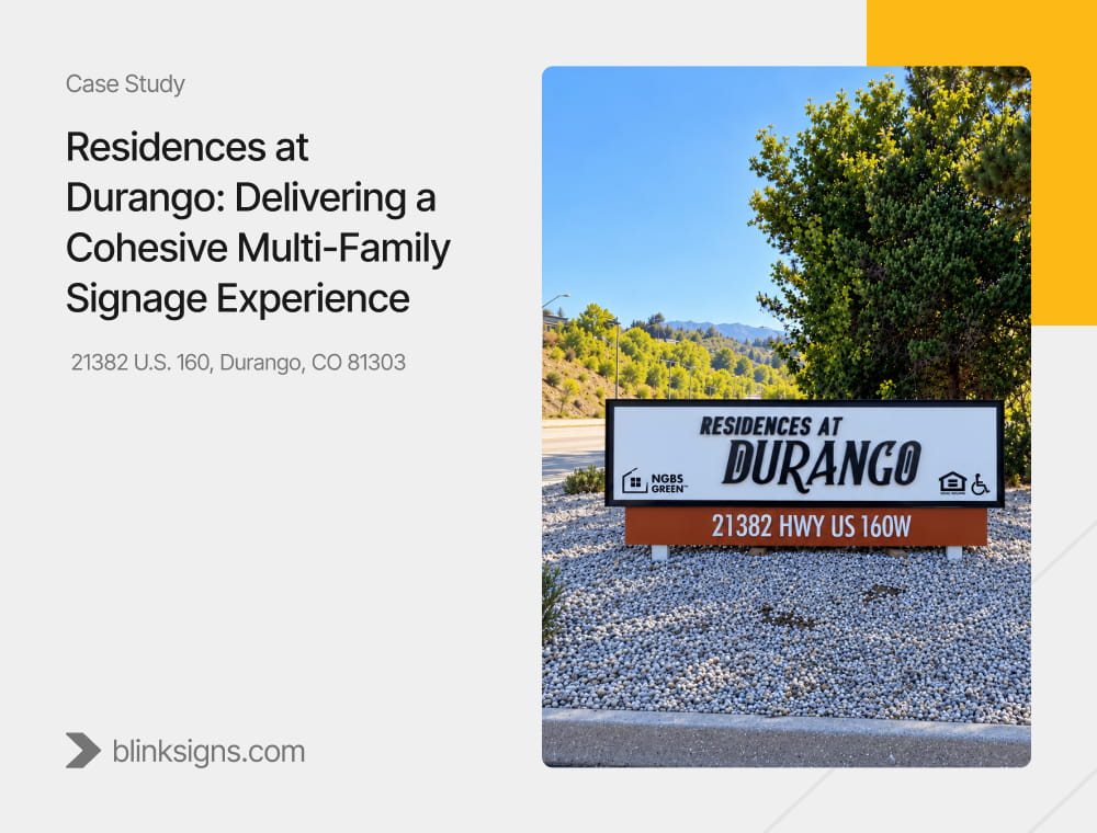 Blogs 81 Residences at Durango case study graphic showing roadside monument sign on Highway 160 by BlinkSigns and TWG.